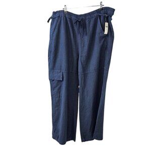 Anthropologie Pilcro Linen Blend Beach Cargo Pants, Blue, Wide Leg, Tie Waist,XL